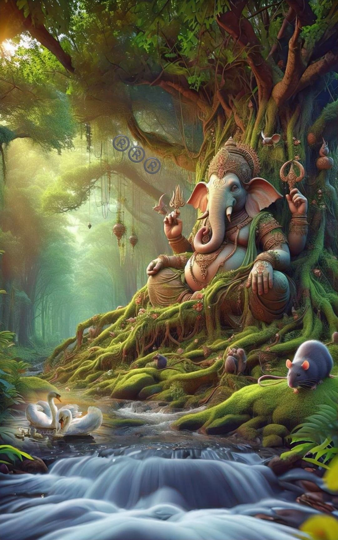 Ganesha seated in a vibrant forest