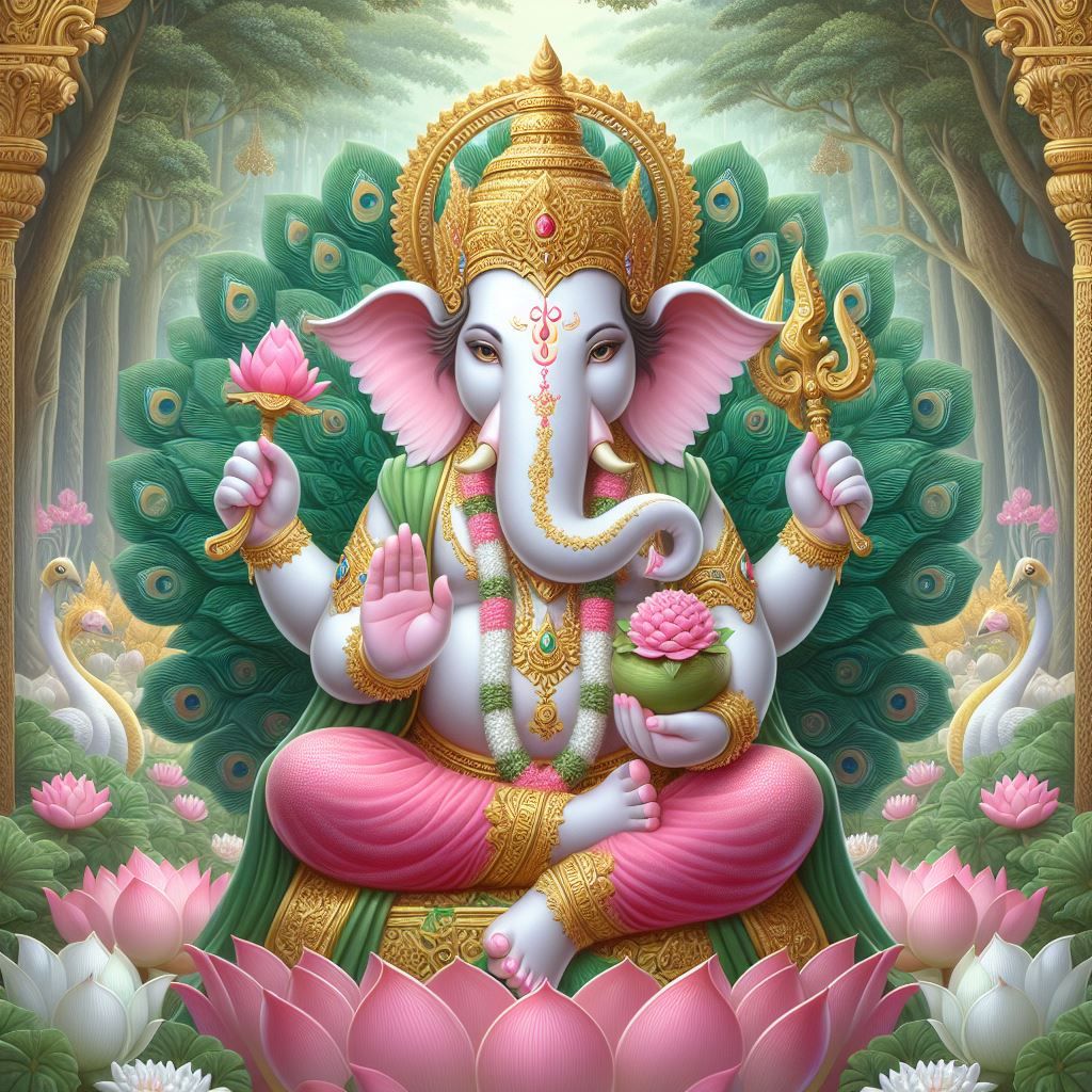 Ganesha seated on lotus with peacocks