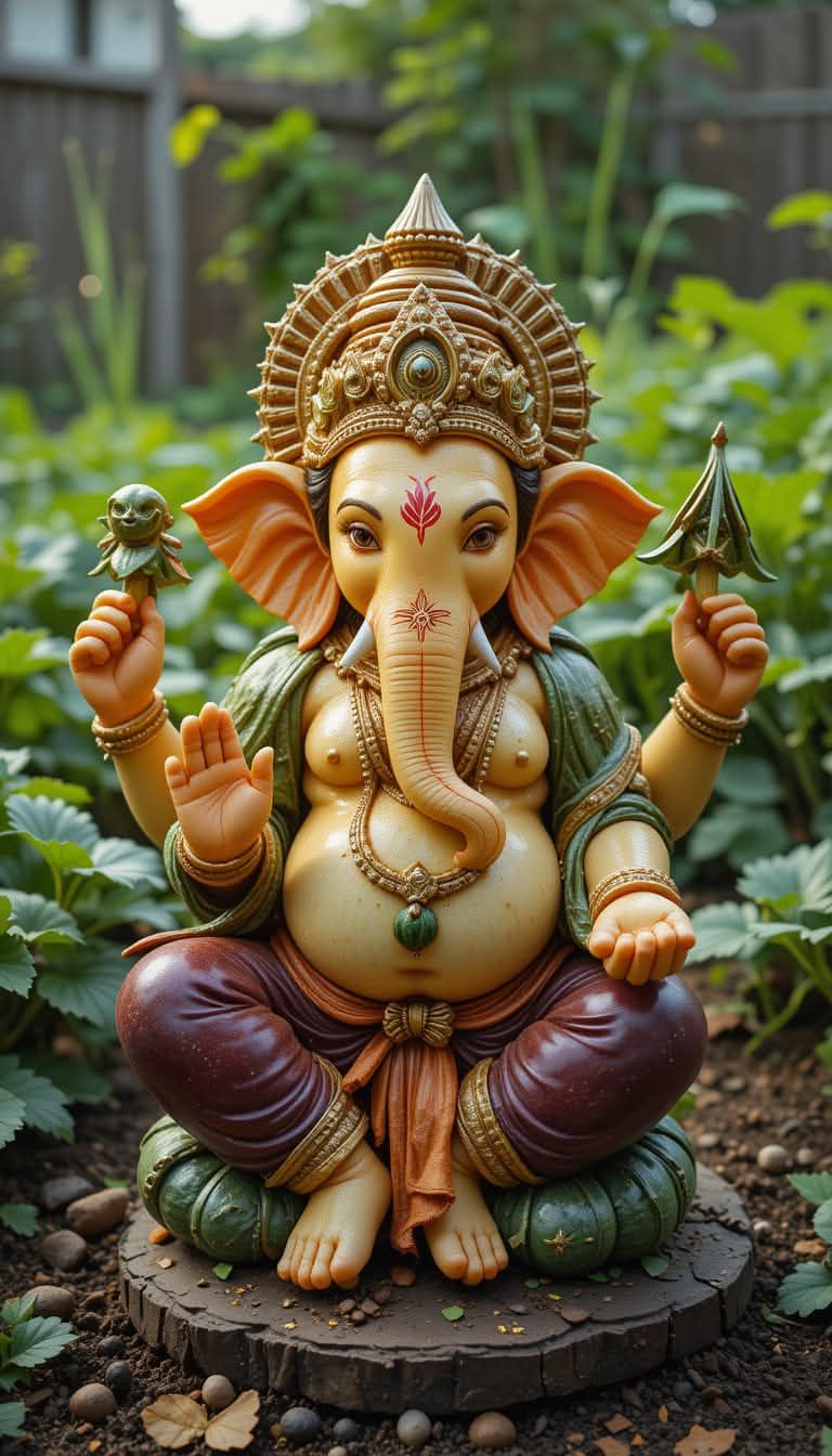 Lord Ganesha statue in lush garden