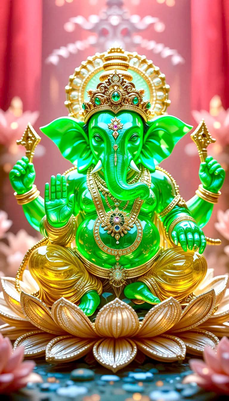 Green Ganesha on a lotus flower