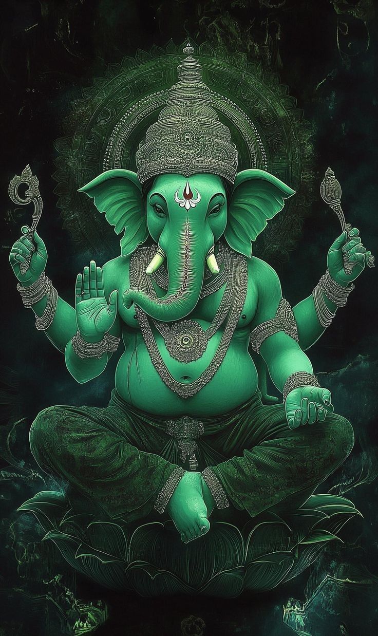 Green Ganesha with silver ornaments