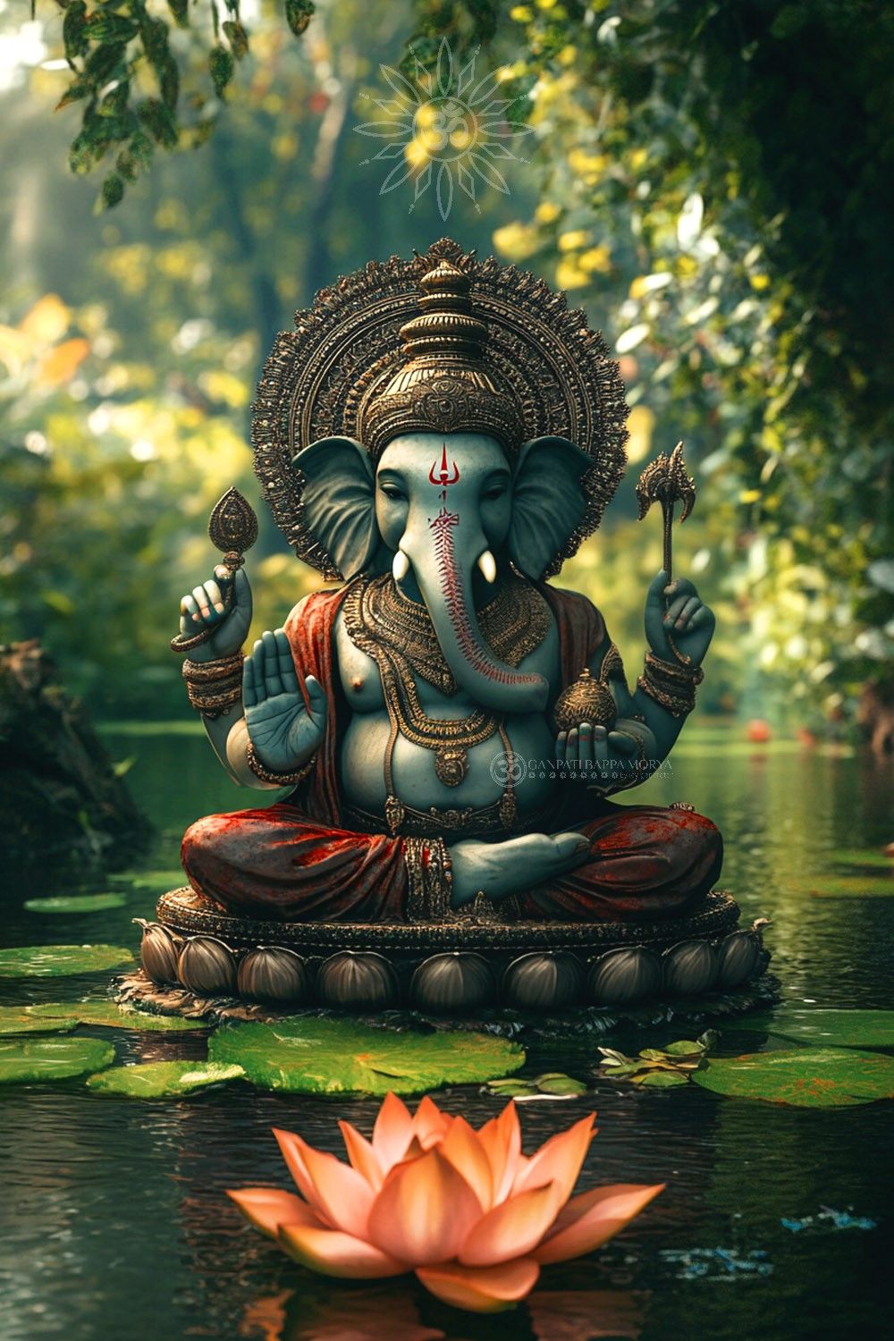 Ganesha seated in a lush forest.
