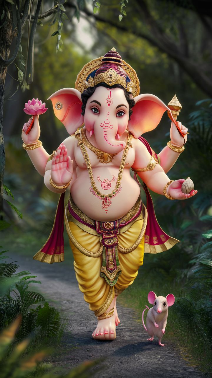 Lord Ganesha with mouse and lotus flower