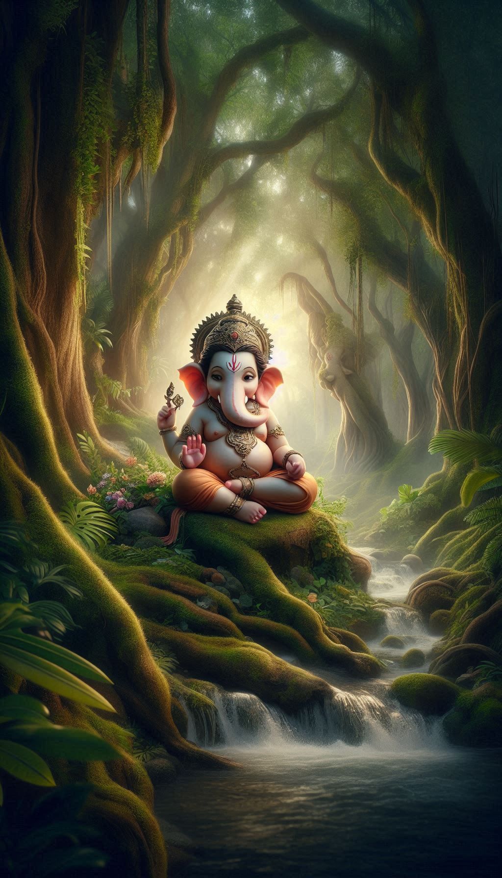Ganesha sits in a lush forest