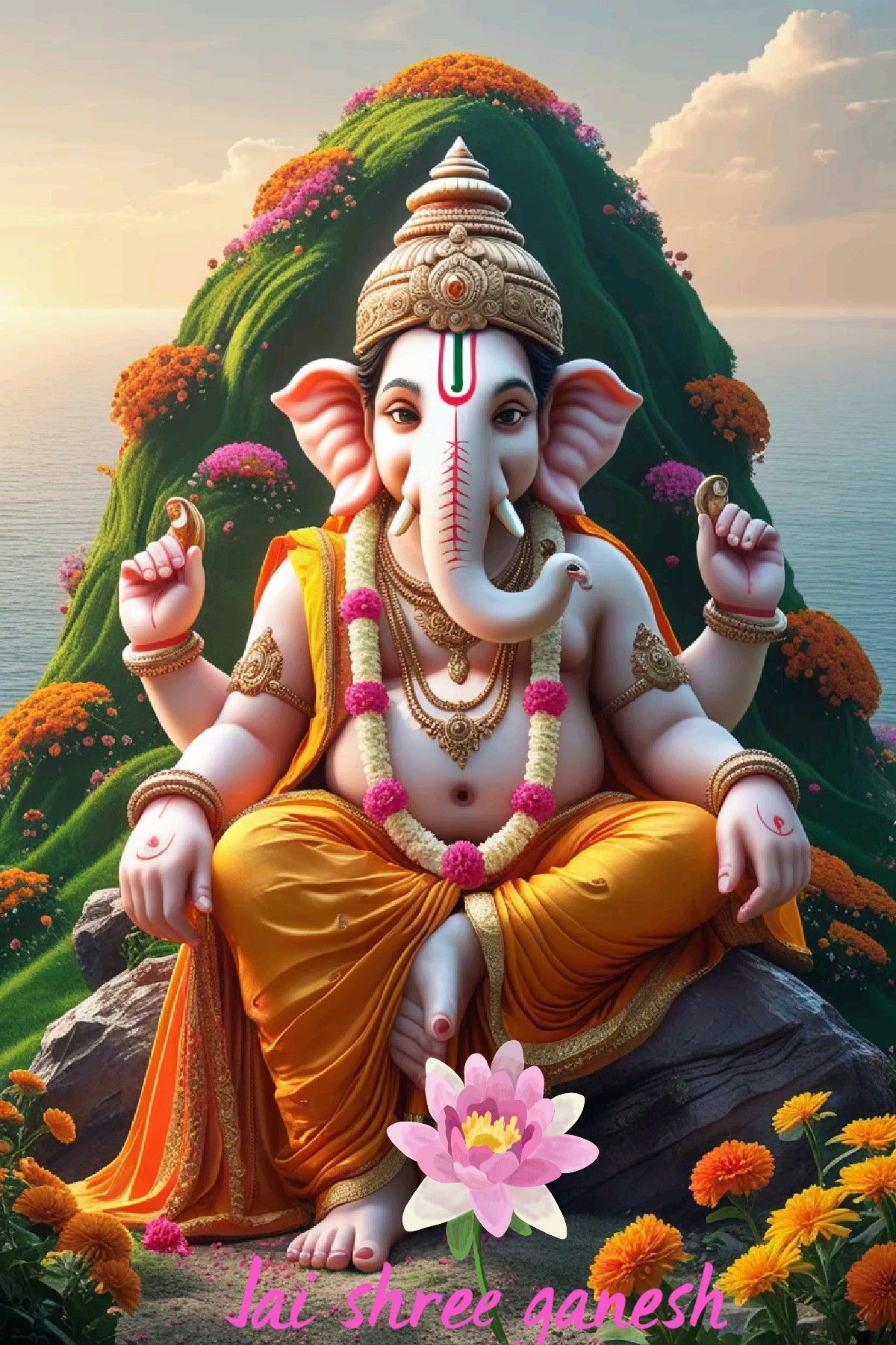 Ganesha seated on a green hill