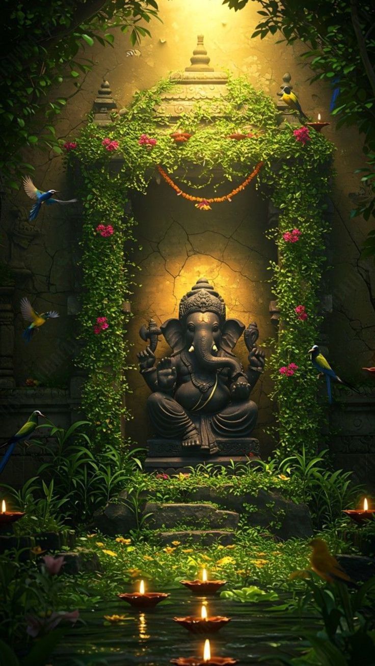 Ganesha statue within a floral archway
