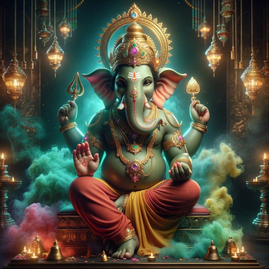 Emerald Ganesha with lotus and trishul