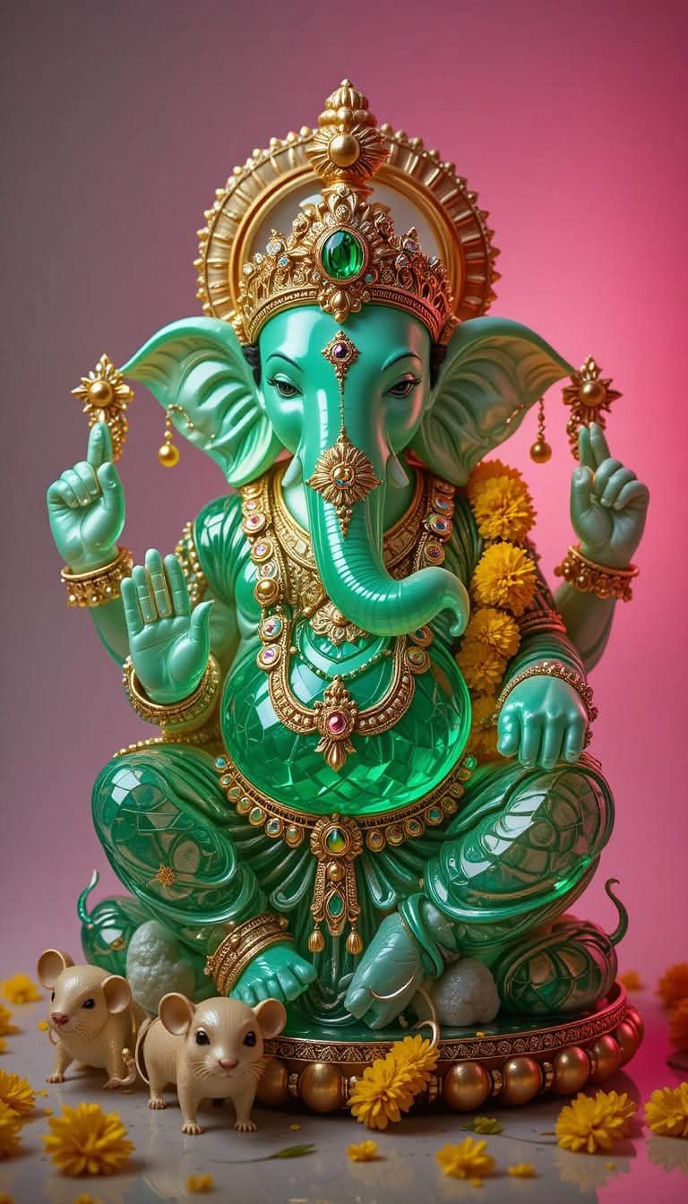 Green Ganesha statue with flowers