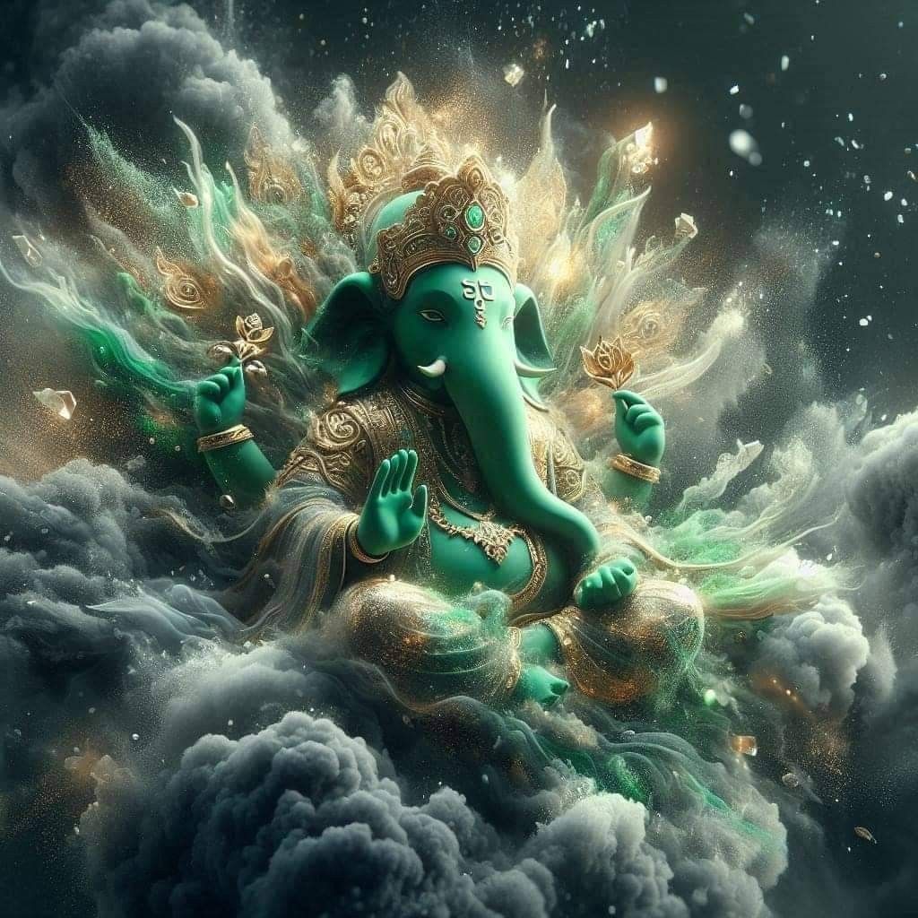 Emerald Ganesha amidst swirling clouds