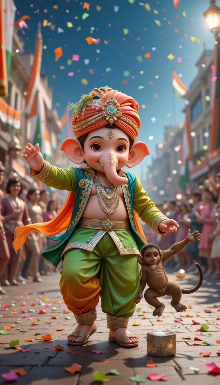 Festive Ganesha with confetti and mouse.