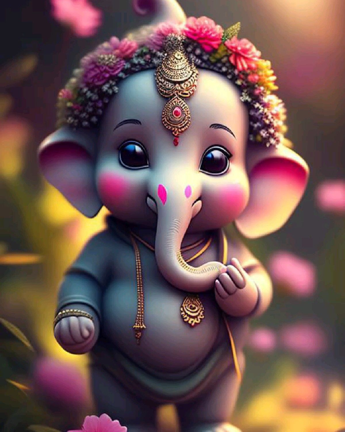 Cute baby Ganesha with flower garland