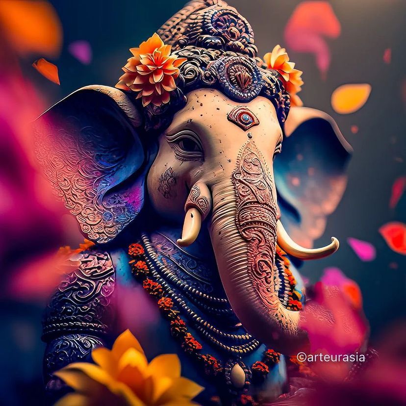 Floral Ganesha portrait, vibrant and divine.