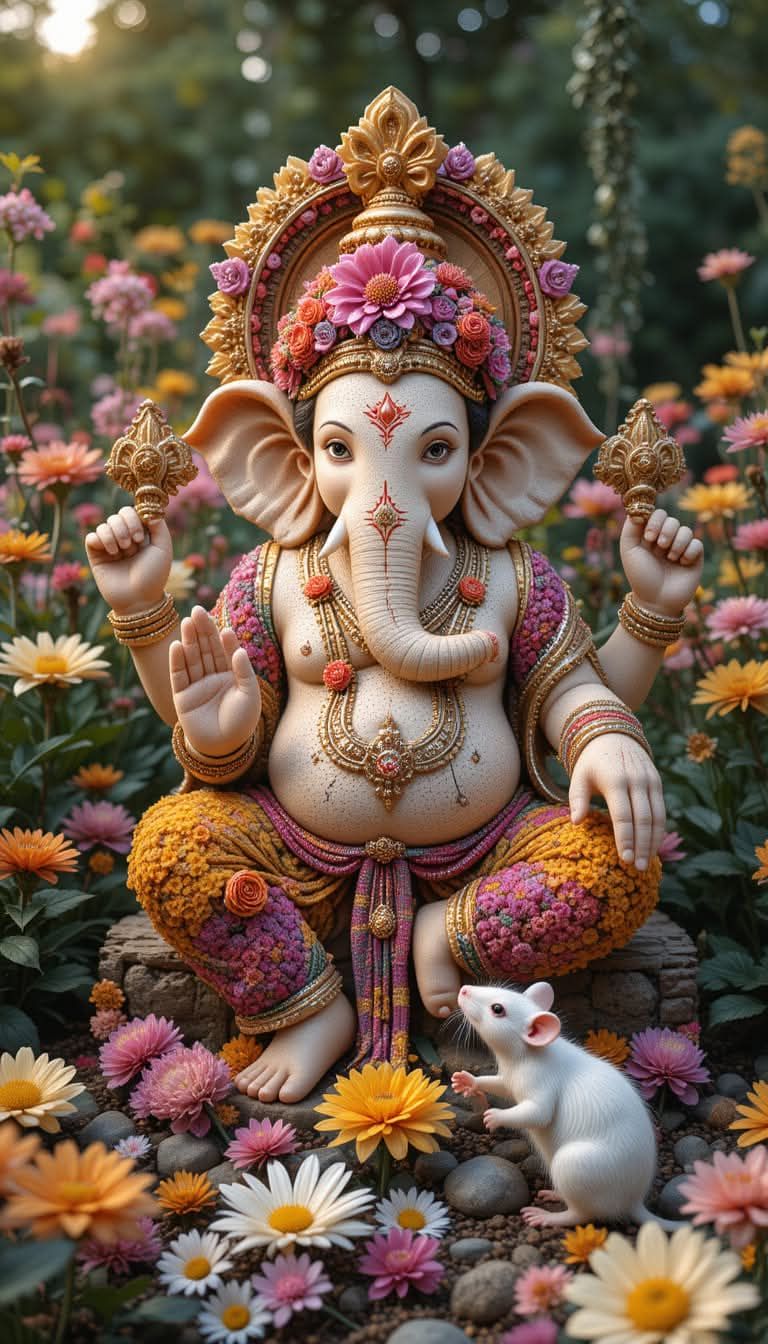 Ganesha amidst colorful floral garden