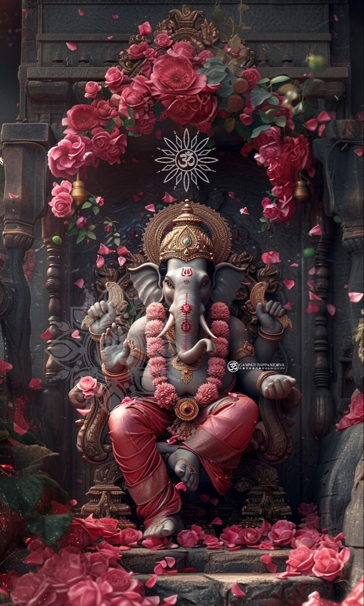 Ganesha surrounded by pink flowers