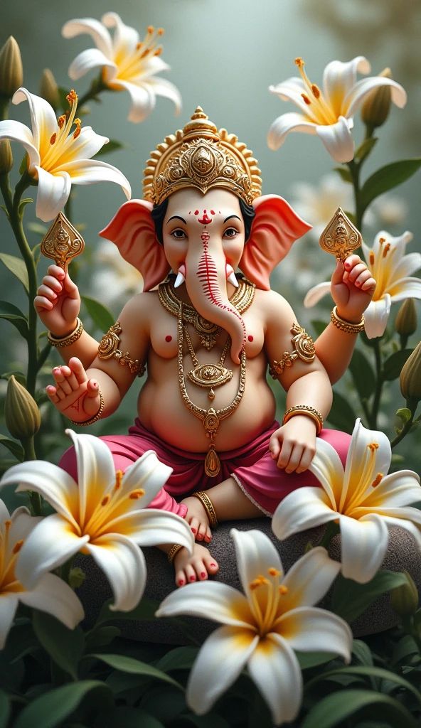 Lord Ganesha surrounded by white lilies