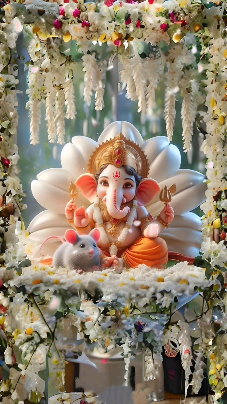 Ganesha surrounded by white flowers