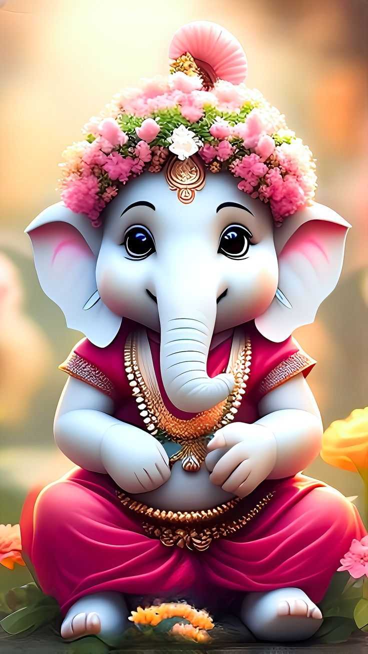 Adorable Ganesha with pink flower crown