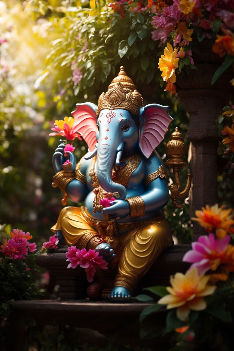 Ganesha idol amidst colorful flowers