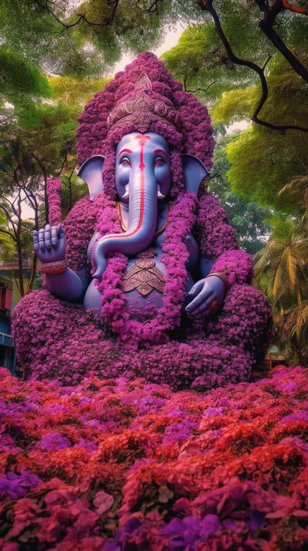 Ganesha surrounded by vibrant pink flowers
