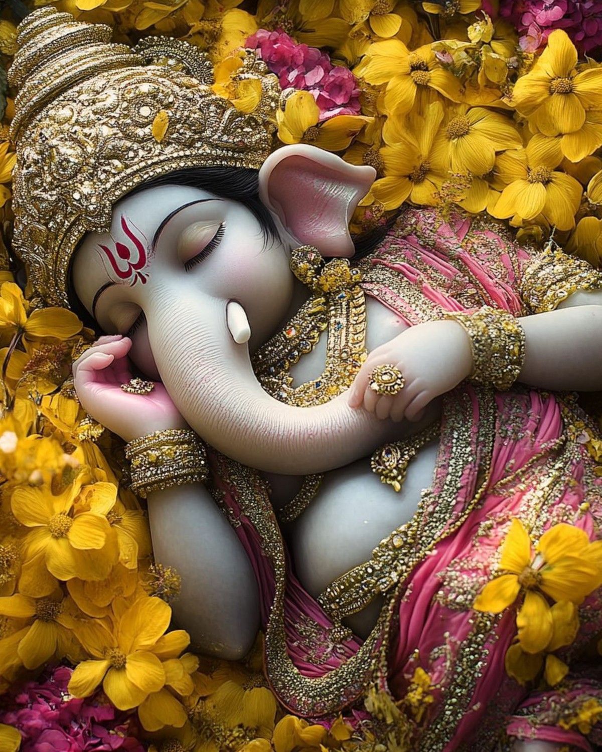 Ganesha surrounded by vibrant flowers.