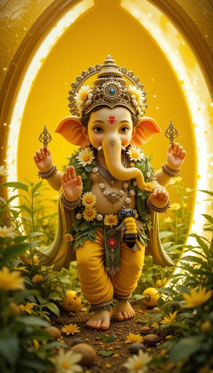 Lord Ganesha surrounded by marigold flowers
