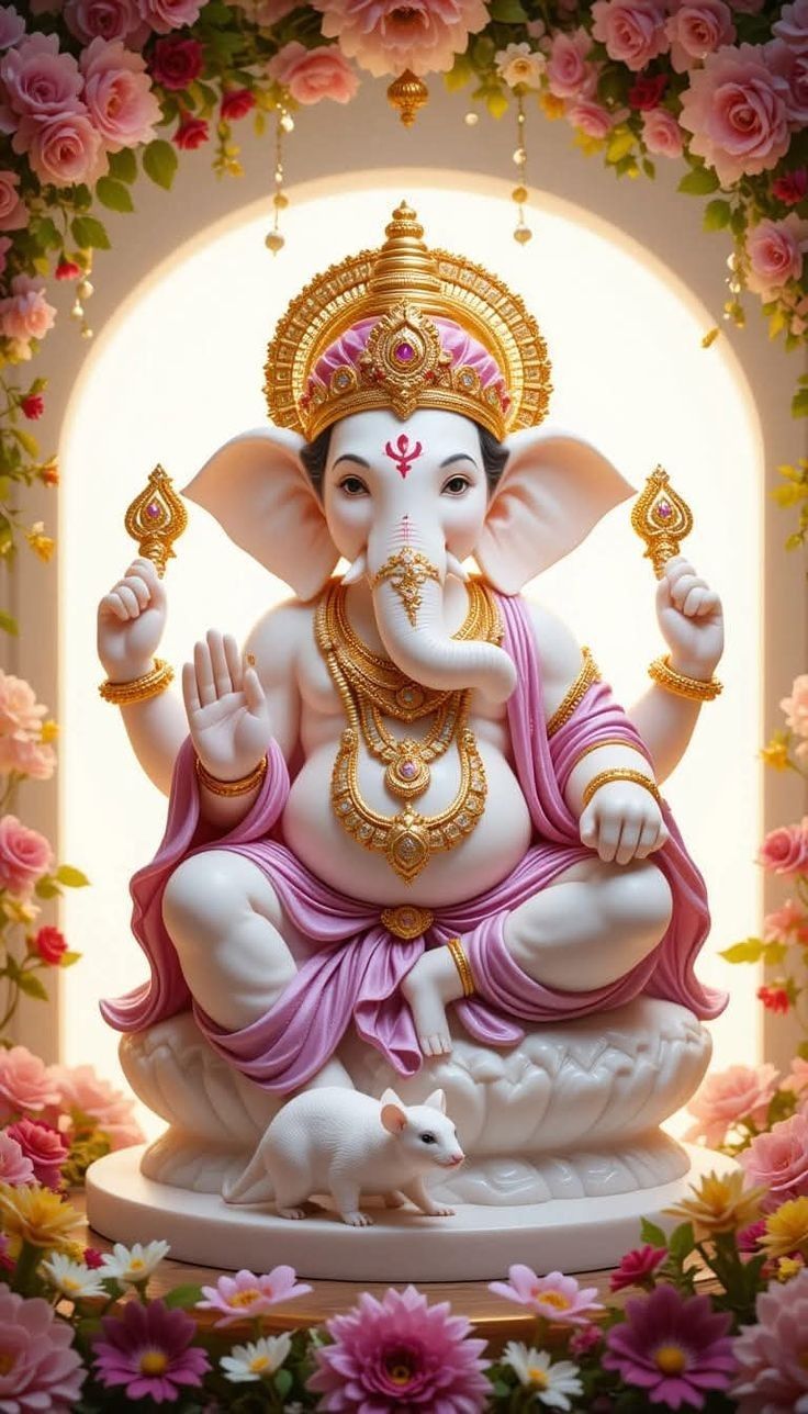 Lord Ganesha amidst pink floral backdrop