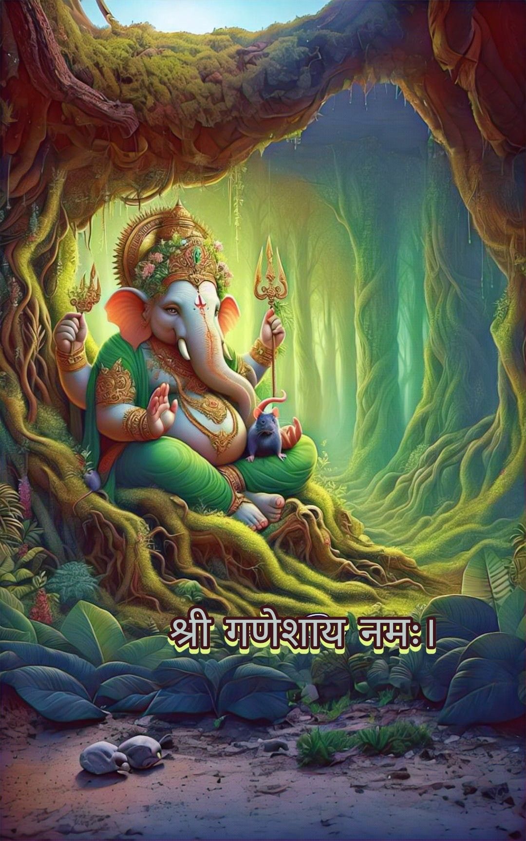 Ganesha seated in a lush forest