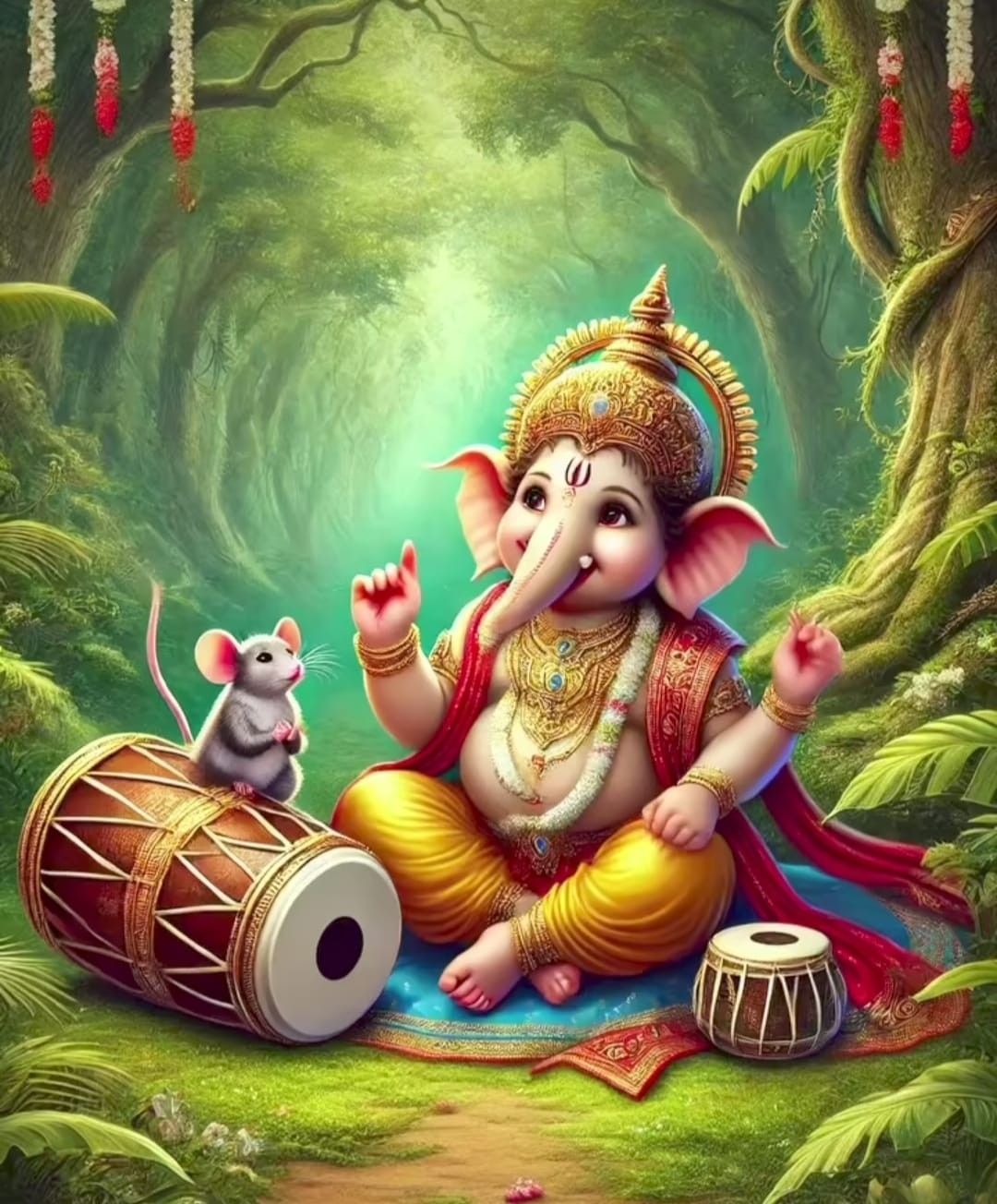 Ganesha with mouse and drum in forest