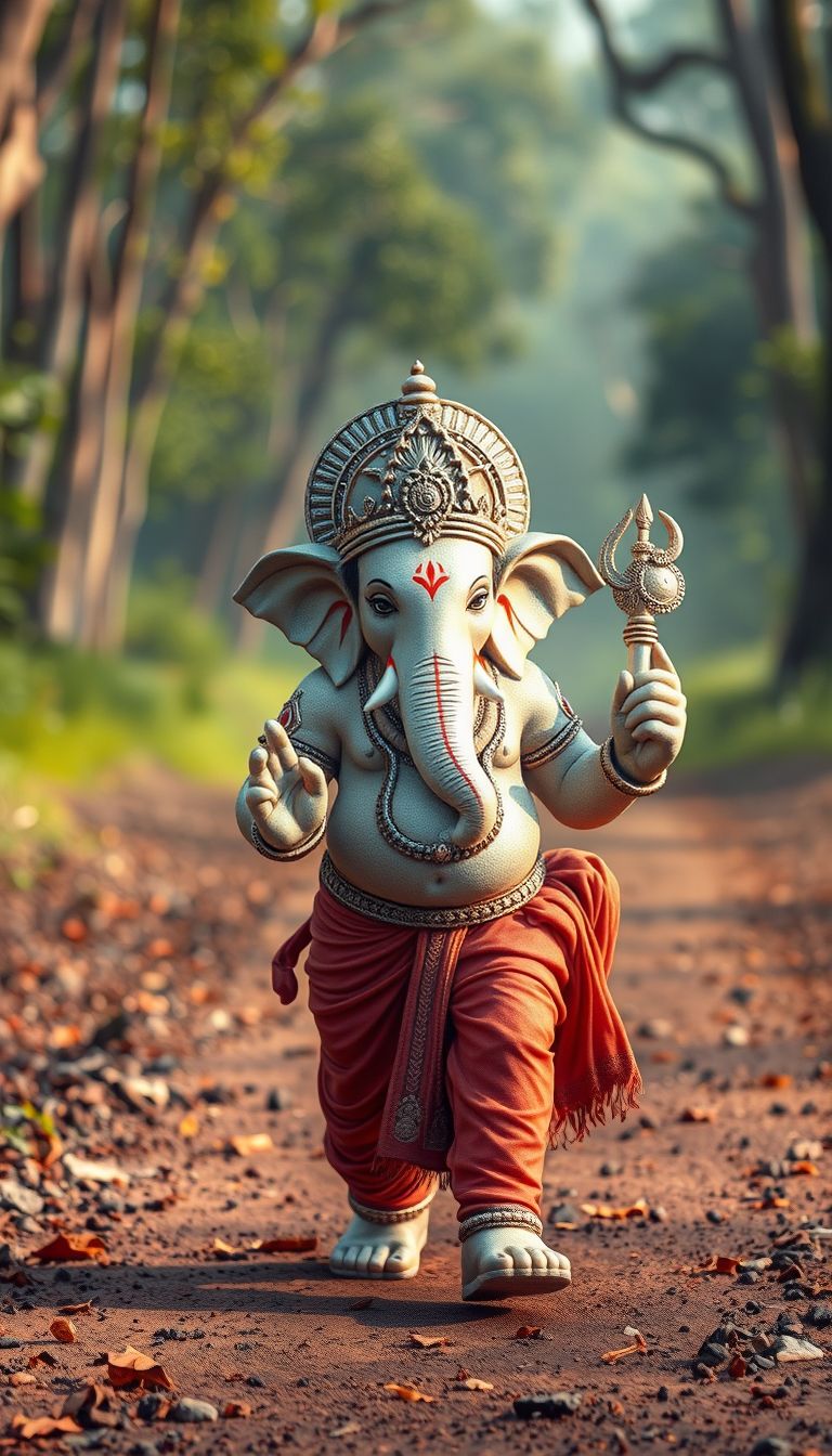 Ganesha walking through peaceful forest