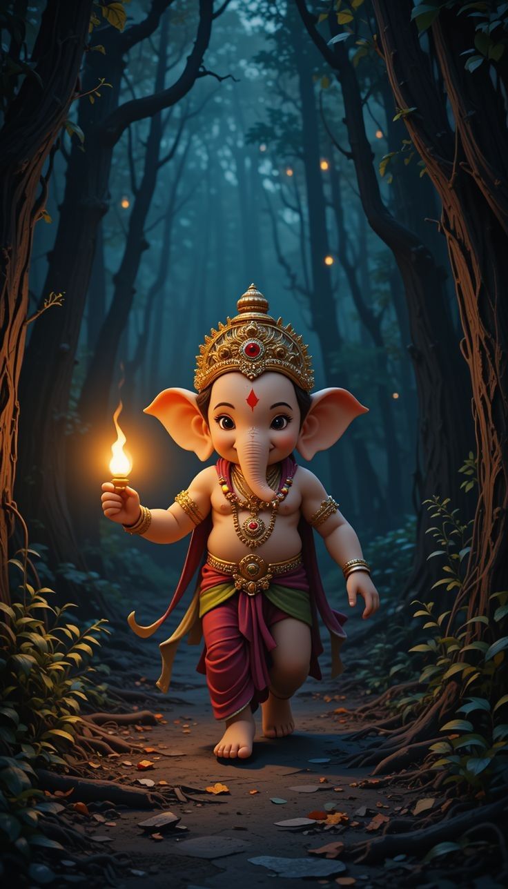 Young Ganesha walks with a lamp