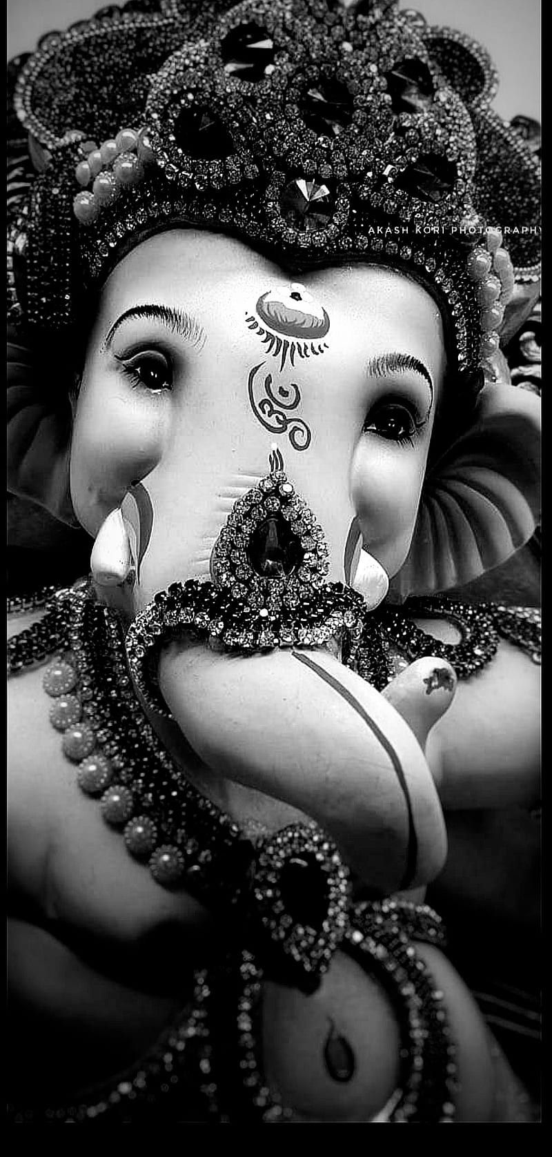 Close-up of Ganesha\'s face, black and white