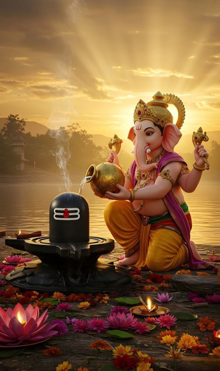 Ganesha offering modak near shivalinga