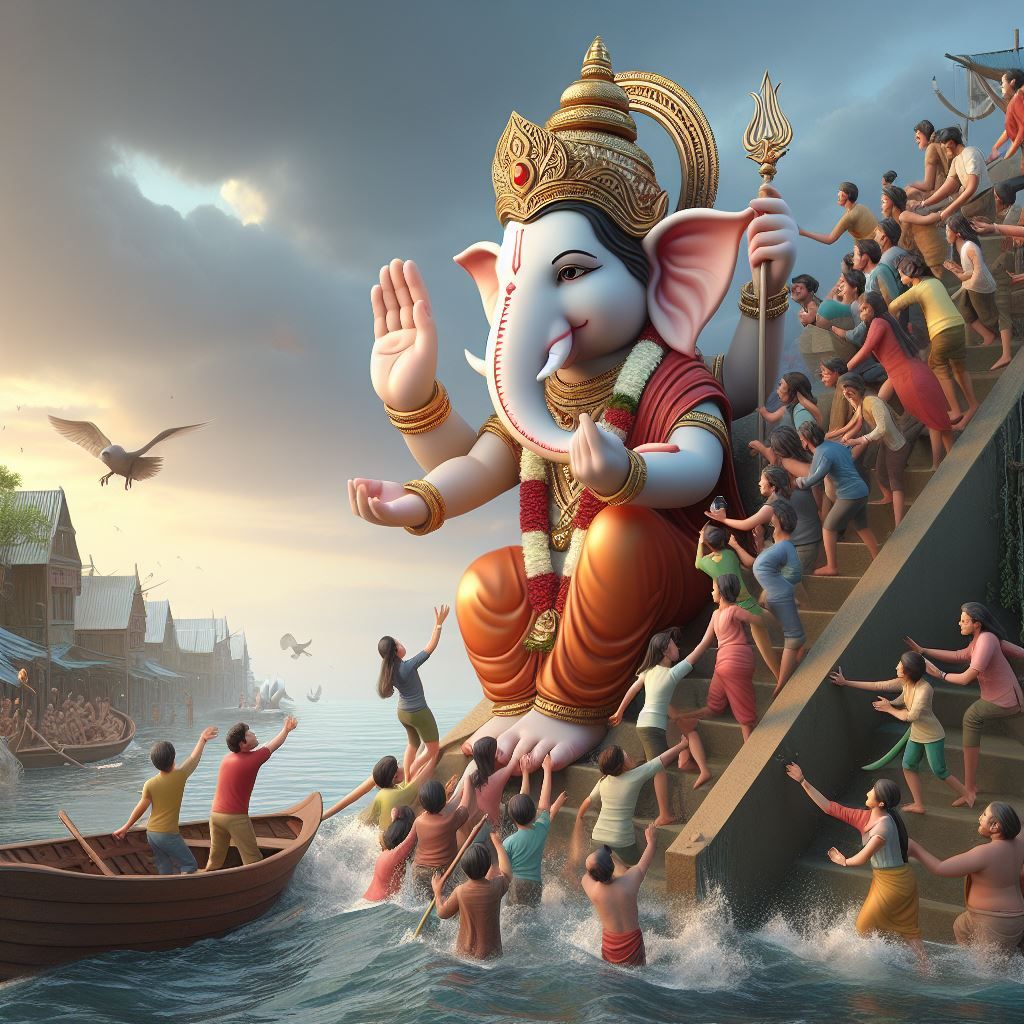 Lord Ganesha arriving on the coastline.