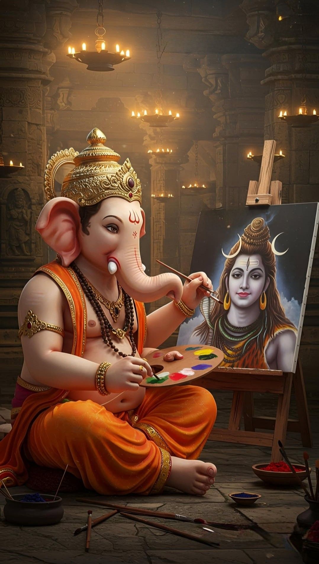 Ganesha painting a portrait of Shiva