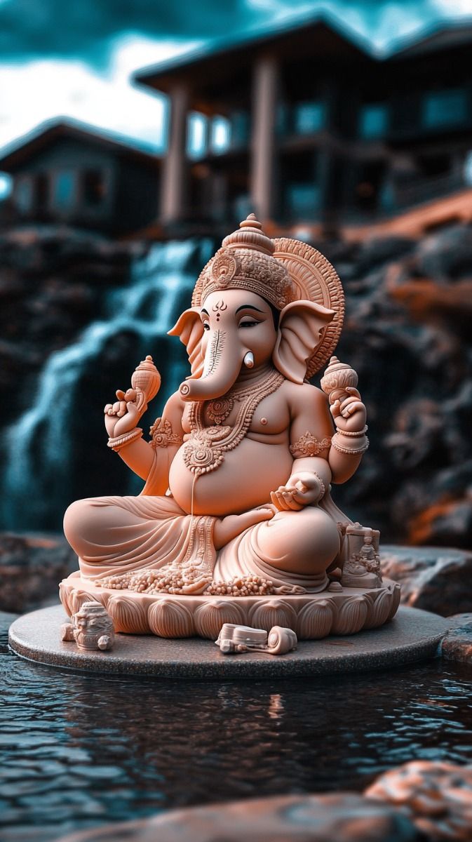 Lord Ganesha statue by a waterfall