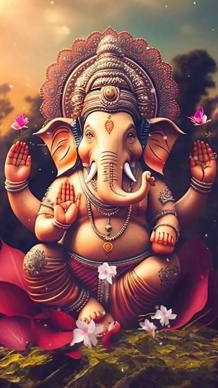 Lord Ganesha bestowing blessings, flower petals
