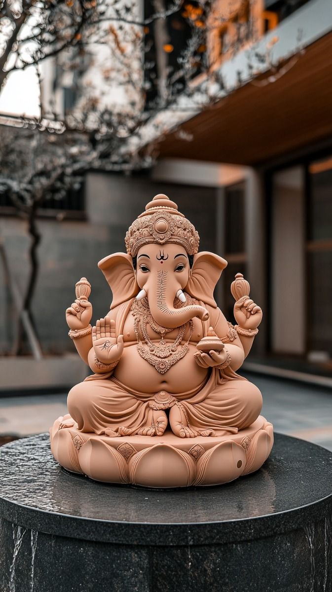 Ganesha idol with modak, peaceful scene