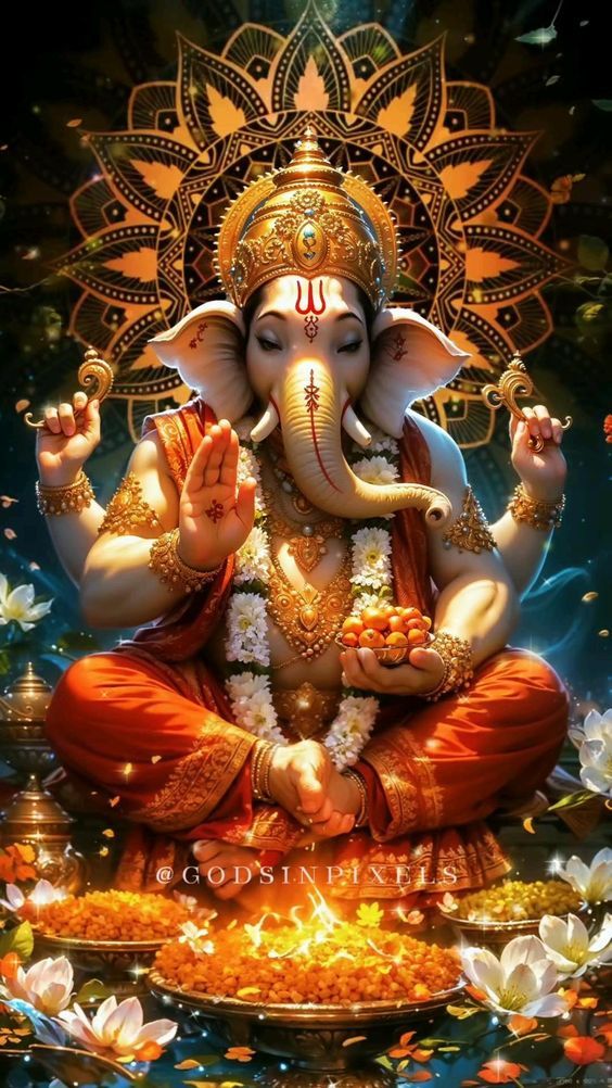 Golden Ganesha with lotus flowers