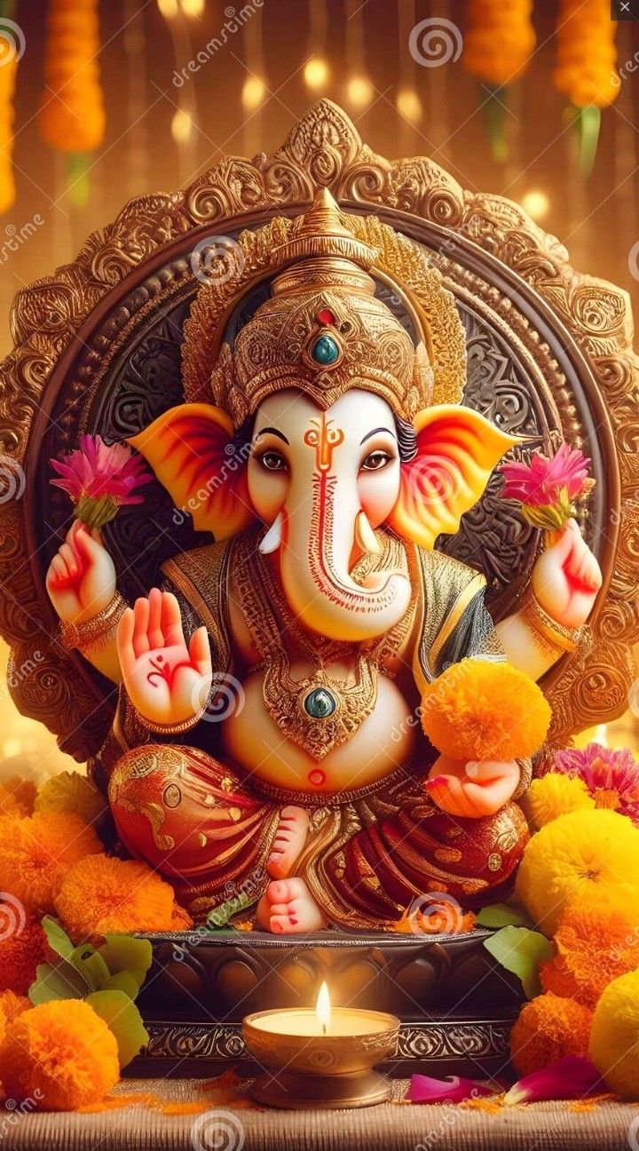 Lord Ganesha with flowers and candle