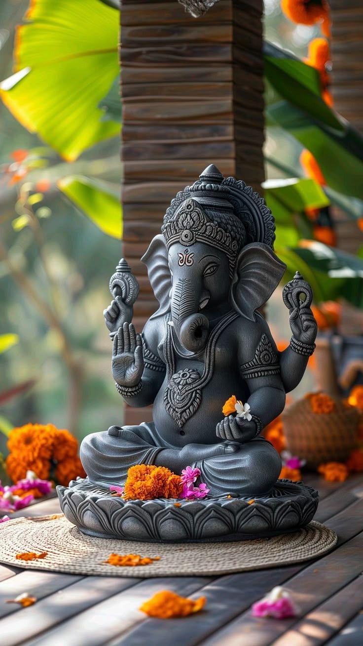 Ganesha statue amidst vibrant flower offerings