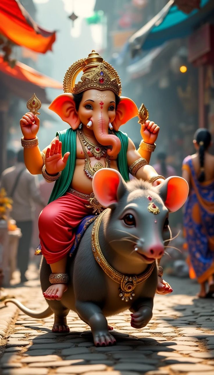 Ganesha riding his mouse vahana.