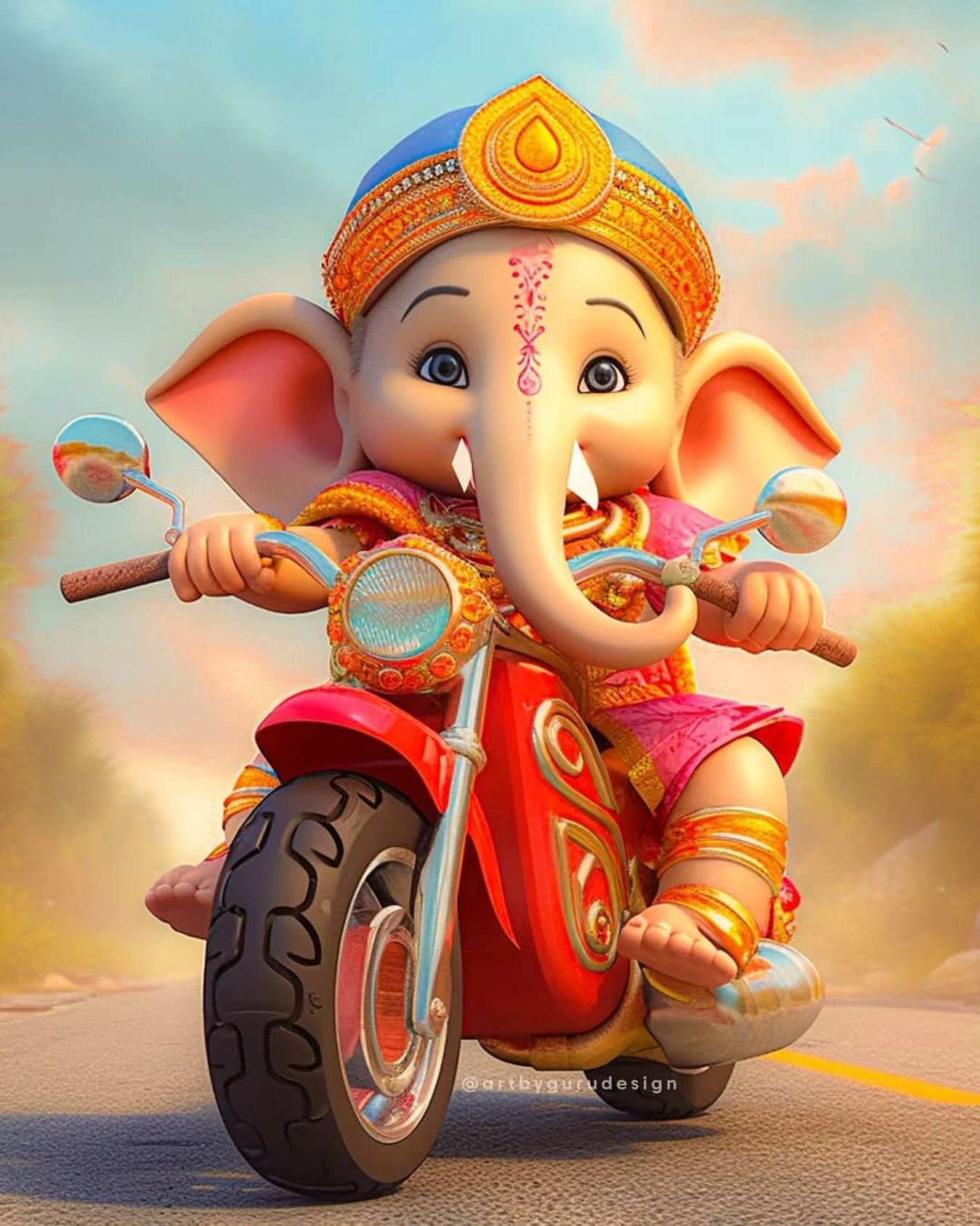 Ganesha riding a motorcycle, vibrant artwork