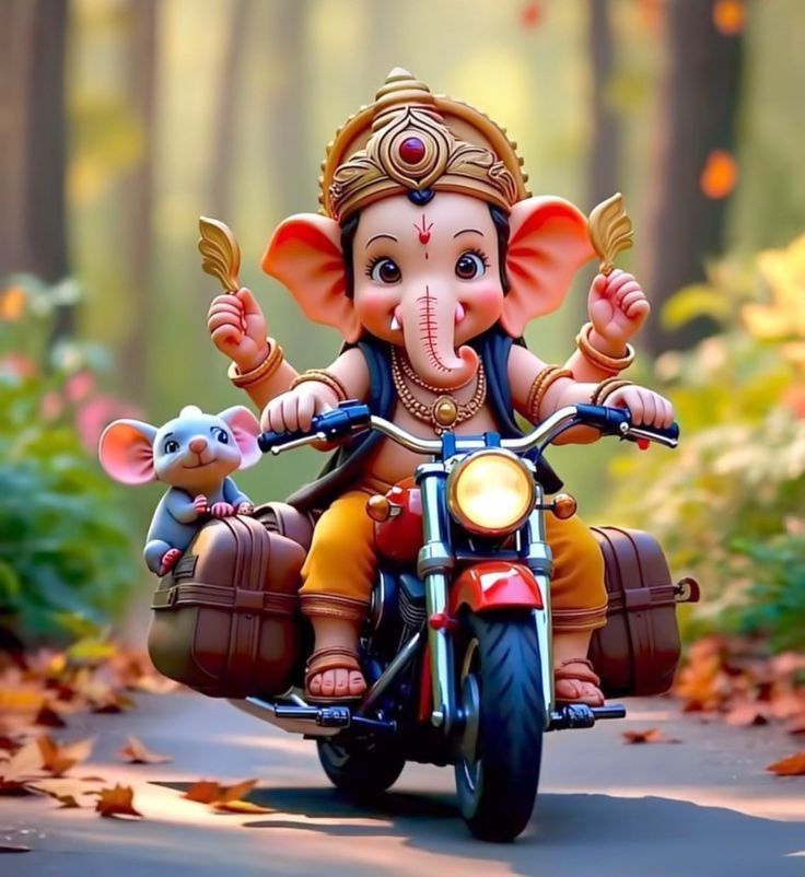 Ganesha riding a motorcycle through forest