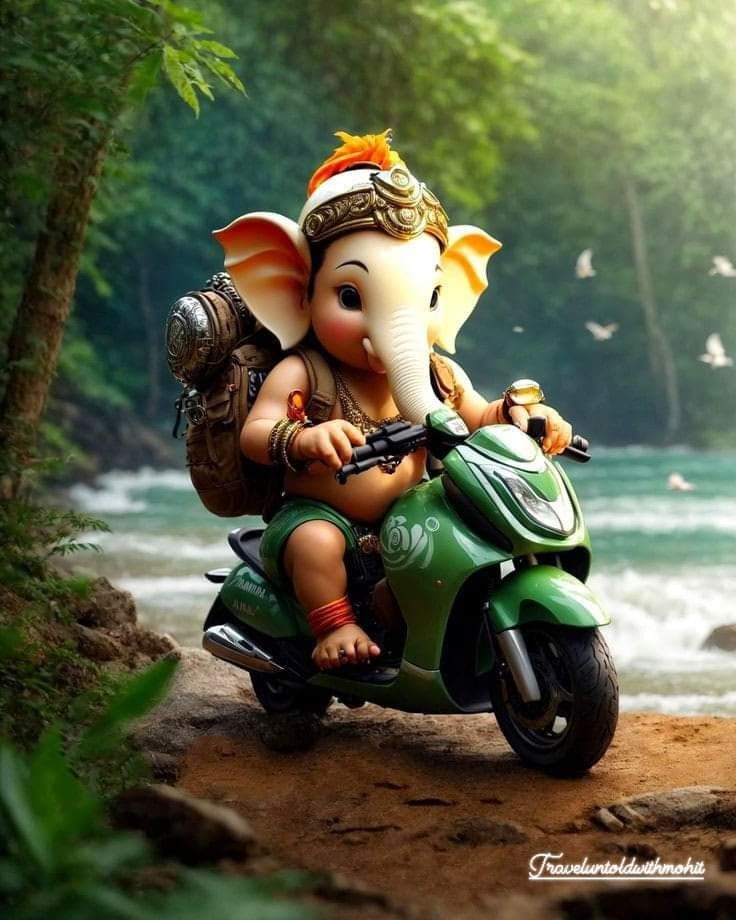 Ganesha riding a motorcycle through forest.