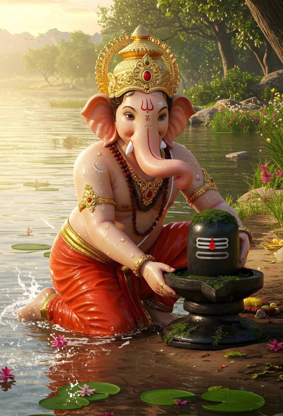 Ganesha offering to Shiva by lake