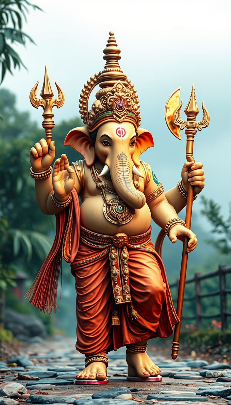 Lord Ganesha standing with modak and axe