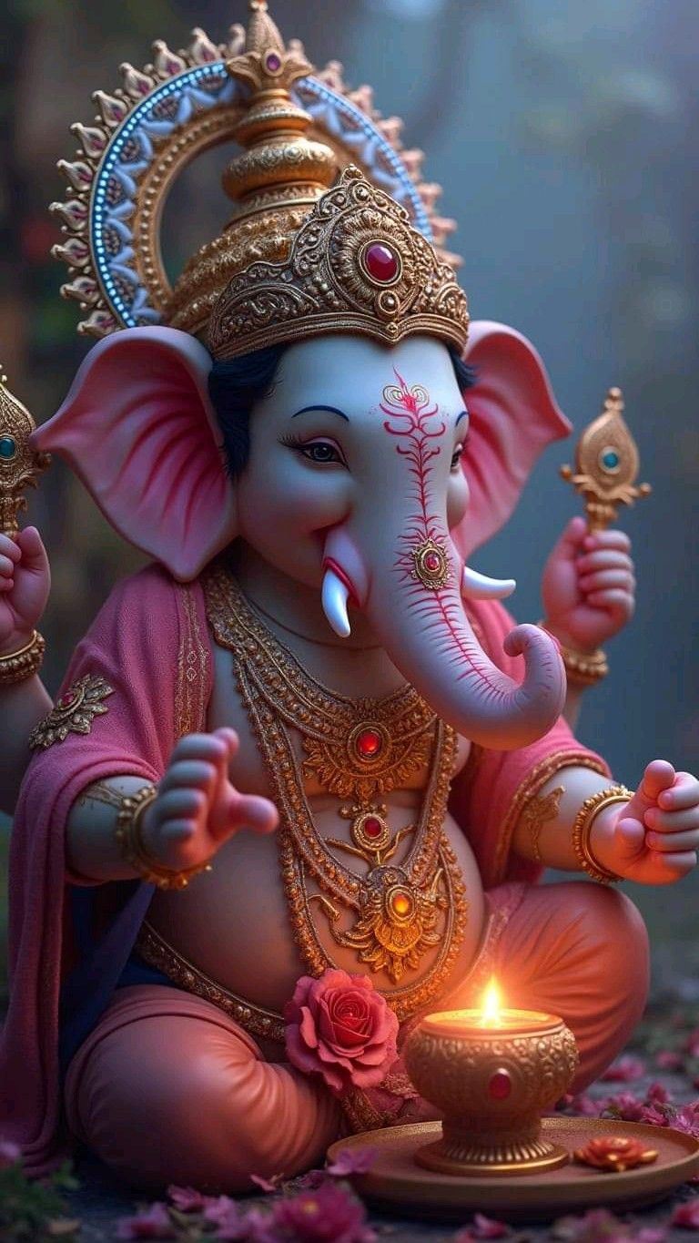 Lord Ganesha with lotus and lamp