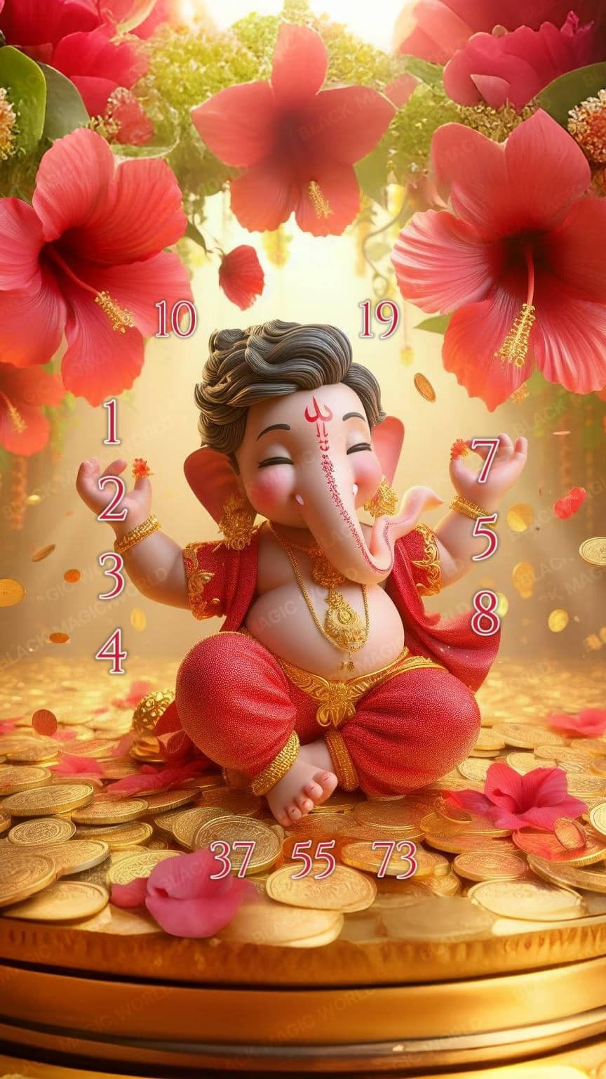 Ganesha surrounded by flowers and gold.