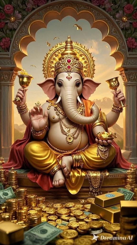 Lord Ganesha amidst golden treasures