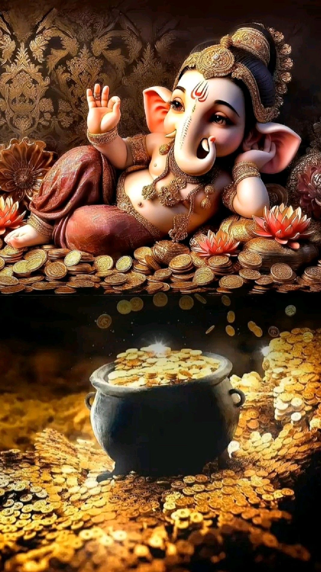 Ganesha surrounded by gold coins and pot.